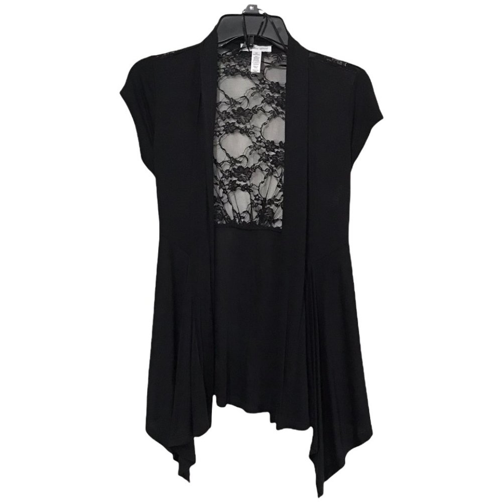 Ambiance Apparel Women Casual Lace Chiffon Sheer Cardigan Sleeveless, Black Mesh